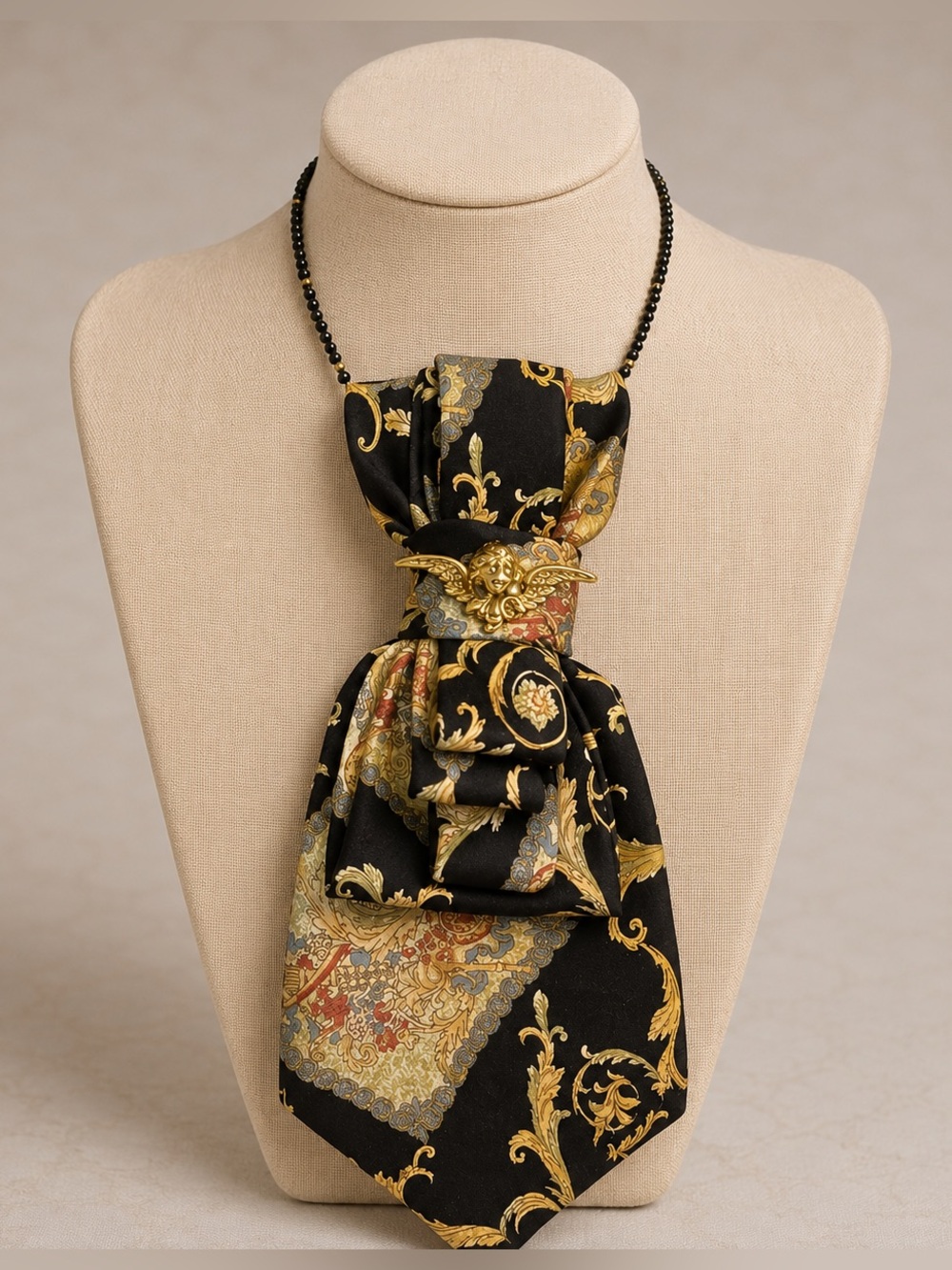 Necktie Necklace | Baroque Print Tie | Cherub Brooch | Neck Nouveau